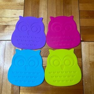 New Set of 4 Owl Silicone coasters in Purple, Pink, Blue, and Yellow